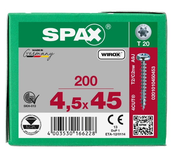 Afbeeldingen van SPAX Spaanplaatschroef, 4.5 x 45 mm, plat conische kop, t20, gegalvaniseerd, verzinkt