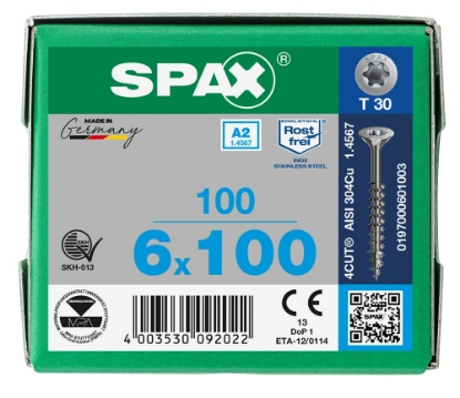 Afbeeldingen van SPAX Spaanplaatschroef, 6.0 x 100 mm, t30, platkop, rvs a2