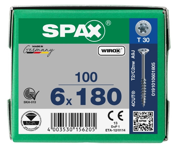 Afbeeldingen van SPAX Spaanplaatschroef, 6.0 x 180 mm, t30, platkop, deeldraad, gegalvaniseerd, verzinkt