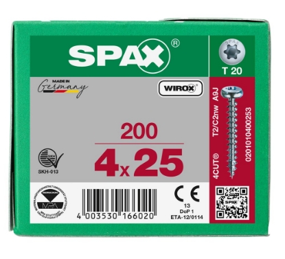 Afbeeldingen van SPAX Spaanplaatschroef, 4.0 x 25 mm, t20, plat conische kop, gegalvaniseerd, verzinkt