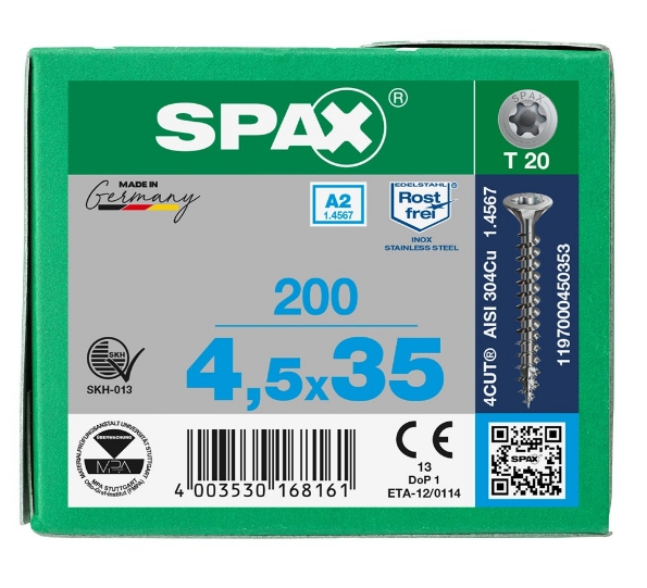 Afbeeldingen van SPAX spaanplaatschroef, 4.5 x 35 mm, t20, rvs