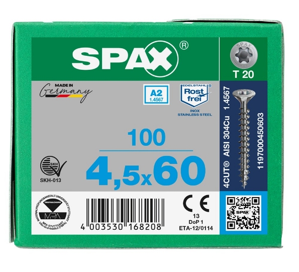 Afbeeldingen van SPAX spaanplaatschroef, 4.5 x 60 mm, t20, rvs