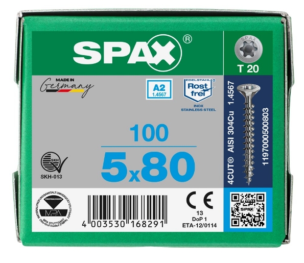 Afbeeldingen van SPAX spaanplaatschroef, 5.0 x 80 mm, t20, rvs