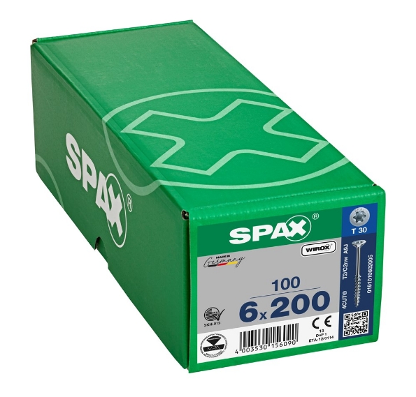 Afbeeldingen van SPAX Spaanplaatschroef, 6.0 x 200 mm, t30, platkop, deeldraad, gegalvaniseerd, verzinkt