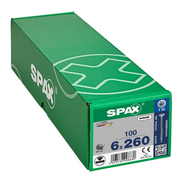 Afbeeldingen van SPAX Spaanplaatschroef, 6.0 x 260 mm, t30, platkop, deeldraad, gegalvaniseerd, verzinkt