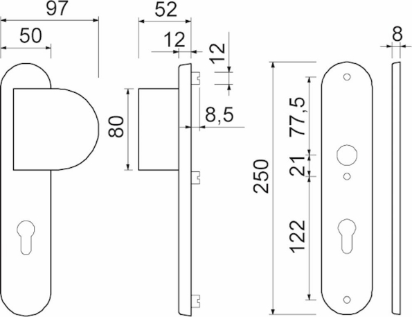 Afbeeldingen van Oxloc Veiligheids garnituur, PC92, links/rechts, inclusief gatdeel, massief, ronde hoek, f1