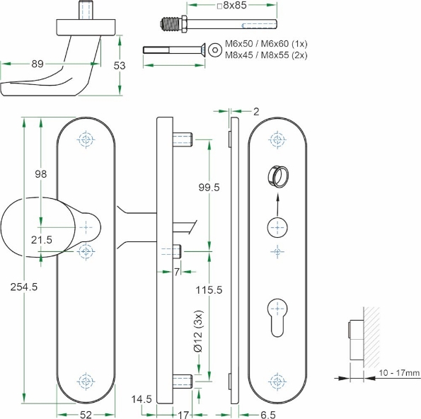 Afbeeldingen van Oxloc Veiligheidsgarnituur met deurduwer RVS L+R 92mm buiten blind