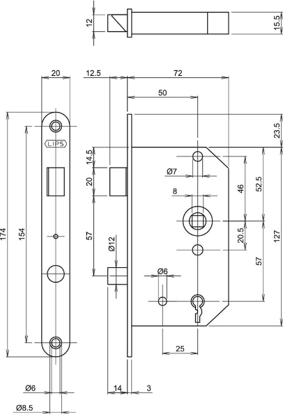 Afbeeldingen van Lips klavierslot, doornmaat 50 mm, dag & nacht, sl57, gegalvaniseerd, verzinkt