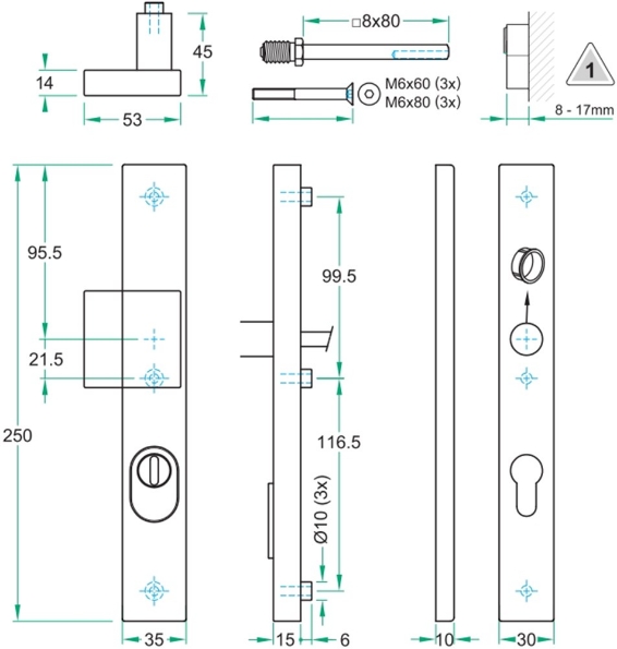 Afbeeldingen van Oxloc VH voordeurgarn 250x35mm rvs zwart PC72