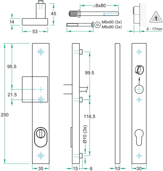 Afbeeldingen van Oxloc VH voordeurgarn 250x35mm rvs zwart PC92