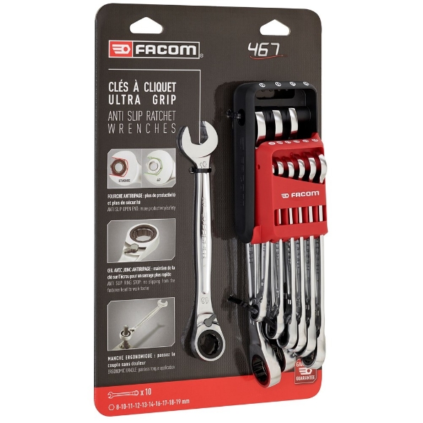 Afbeeldingen van Facom steekringratelsleutelset 10dlg, 8, 10 t/m 14 en 16 t/m 19 mm